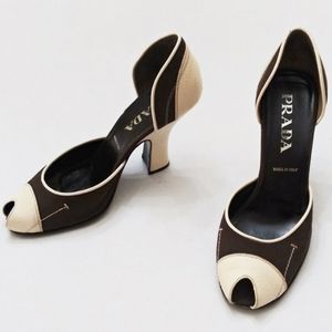 Vintage PRADA D'Orsay Peeptoe Heels 2-Tone Platform Spool Pumps Size 38.5 / 8.5